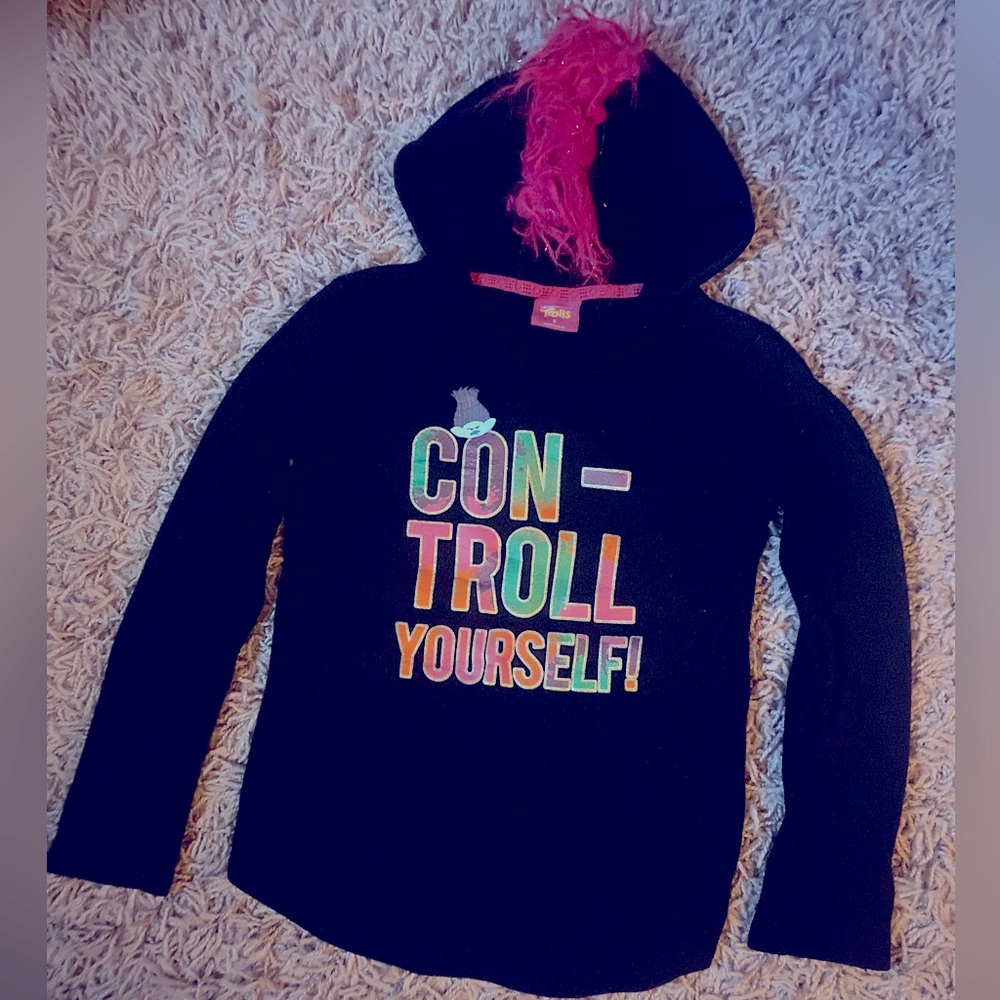Trolls Black Sweater w/ Pink Mohawk Hoodie girls size S (7/8)